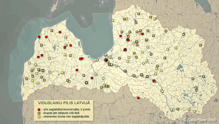 Viduslaiku piļu izvietojums Latvijā, karte